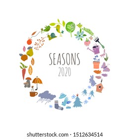 Seasons vector illustration. Autumn, winter, spring, summer hand drawn elements inscribed in a circle. Calendar design composition.
