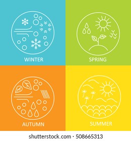 Seasons. The weather in winter, spring, summer, autumn. Round modern emblems weather all seasons. Vector illustration.