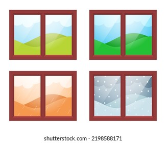 Seasons. Seasons in the window. Spring, summer, autumn and winter. Vector clipart isolated on white background.