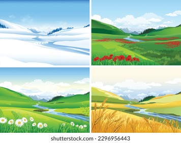 Seasons, winter, spring, autumn, summer. Vector illustration with mountains, valleys, rivers and flowers. four Seasons