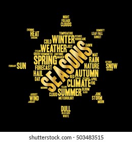 Seasons word cloud in shape of sun. Weather concept. Black background. Vector.