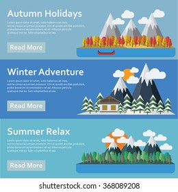 Seasons of the year. Mountains and river. Vector flat style.