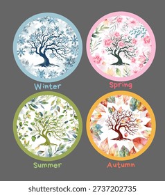 Seasons of the year round frames. a tree at different times of the year. Hand drawn. Not AI, vector illustration