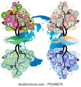 Seasons.Ornamental trees in circles, flowers and scrolls in silhouette against the background of the Earth