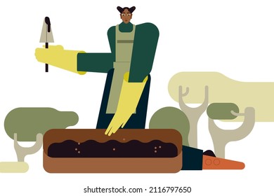 Seasson greenary planting. Character put plant seedlings into the ground. Farmer gardening or agriculture hobby. Flat vector cartoon isolated illustration.