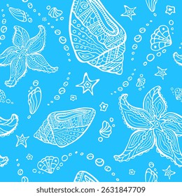 Estrela do mar e concha padrão sem costura. Estrelas e conchas tribais mar zenart projeto de superfície. Polinésia oceano luz azul textura interminável.