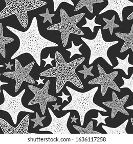 Seastars seamless pattern. Hand drawn vector marine animals illustrations on chalk board. Engraved style sea stars. Vintage sea background.