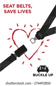 Seat Belt With A Glowing Outline Heart And A Car With Family Wearing Safety Belts. Buckle Up Awareness Campaign Poster Template Editable Vector. 