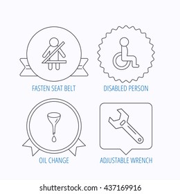 Seat belt, oil change and wrench tool icons. Disabled person linear sign. Award medal, star label and speech bubble designs. Vector
