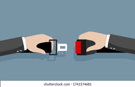 Seat Belt. Safety First concept. A man fasten buckle hands. Safety of movement on car, airplane. Vector illustration flat design.