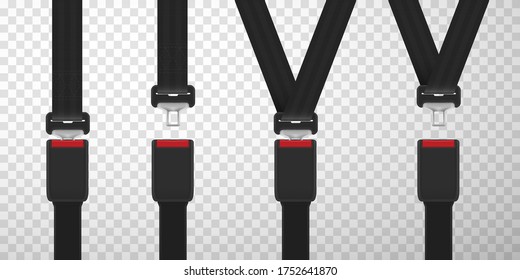 Seat belts realistic set. Owners manual, instruction. Locked, unlocked vehicle safety device to secure driver, passenger against harmful movement. Vector seat belts isolated on transparent background.