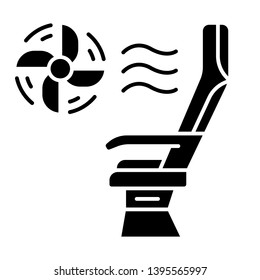 Seat conditioner glyph icon. Airplane comfortable seating. Jet ventilator. Plane conditioning system. Aviation service. Airline. Silhouette symbol. Negative space. Vector isolated illustration