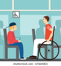 Seat for disabled.Good manners. boy is sitting on the ground for the disabled.etiquette.man in a wheelchair.