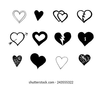 Seat Of Hand Drawn Vector Heart Icons For Your Design. Black And White. Abstract Valentine's Day Set. 