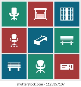 Seat icon. collection of 9 seat filled icons such as garden bench, ticket, office chair, bench, swing. editable seat icons for web and mobile.
