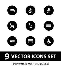 Seat icon. collection of 9 seat filled icons such as garden bench, disabled, rocking chair, bench, office chair. editable seat icons for web and mobile.