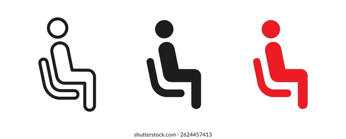 Seat icon. Person sitting in a chair vector illustration. Comfortable passenger pose symbol used in transport signage and waiting areas. Ideal for public transportation, lounges and rest zone.