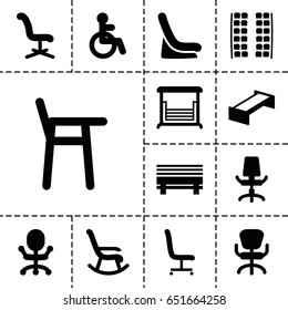 Seat icon. set of 13 filled seaticons such as garden bench, disabled, plane seats, baby seat in car, office chair, swing, rocking chair, baby chair