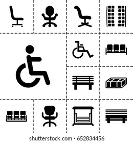 Seat icon. set of 13 filled seaticons such as garden bench, sofa, plane seats, chair, office chair, bench, swing, disabled