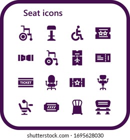 seat icon set. 16 filled seat icons.  Simple modern icons such as: Wheelchair, Stool, Disability, Ticket, Seat belt, Chair, Bench