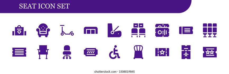 conjunto de iconos de asiento. 18 iconos llenos de asientos.  Iconos modernos sencillos sobre - Bolsa para bebés, Sillón, Scooter, Sofa, Asiento, Sala de espera, Boleto, Silla, Sillón de escritorio, Discapacidad