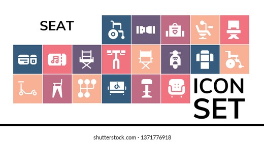 seat icon set. 19 filled seat icons.  Collection Of - Wheelchair, Plane ticket, Scooter, Feeding chair, Gearshift, Disabled, Stool, Armchair, Ticket, Chair, Handlebar, Director