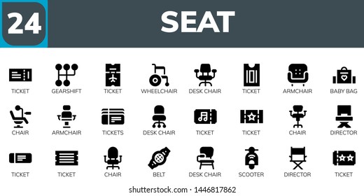 seat icon set. 24 filled seat icons.  Collection Of - Ticket, Gearshift, Wheelchair, Desk chair, Armchair, Baby bag, Chair, Tickets, Director, Belt, Scooter