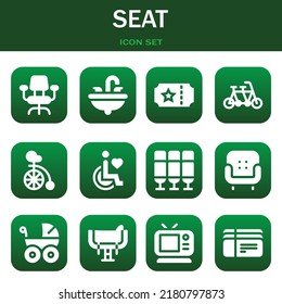 seat icon set. Vector  illustrations related with Desk chair, Sink and Ticket