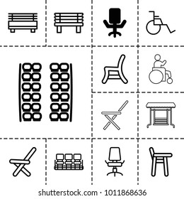 Seat icons. set of 13 editable outline seat icons such as office chair, plane seats, chair, bench, disabled