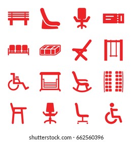 Seat icons set. set of 16 seat filled icons such as garden bench, sofa, ticket, plane seats, baby seat in car, bench, swing, outdoor chair, disabled