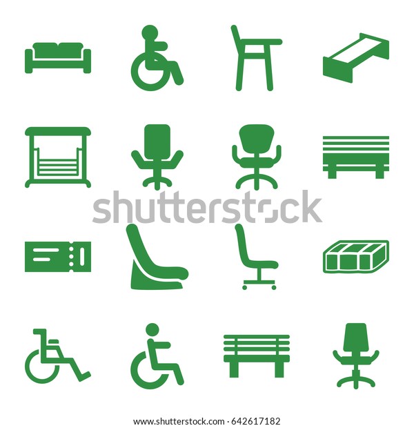 Seat icons set. set of 16 seat filled icons\
such as garden bench, sofa, ticket, disabled, baby seat in car,\
office chair, bench, swing, wheel\
chair