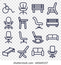 Seat icons set. set of 16 seat outline icons such as sofa, garden bench, office chair, bench