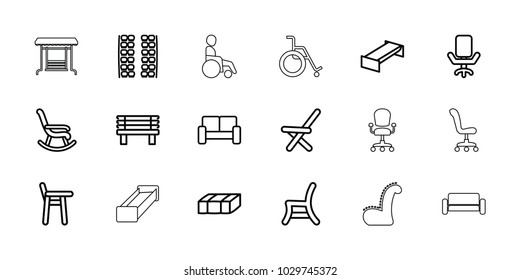 Seat icons. set of 18 editable outline seat icons: garden bench, plane seats, rocking chair, baby chair, bench, sofa, swing