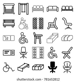 Seat icons. set of 25 editable outline seat icons such as office chair, garden bench, sofa, ticket, disabled, plane seats, baby chair, swing