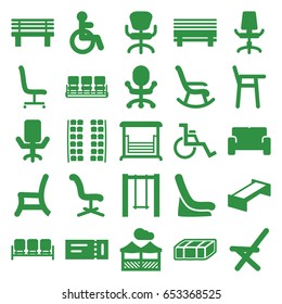 Seat icons set. set of 25 seat filled icons such as garden bench, sofa, ticket, disabled, plane seats, baby seat in car, chair, office chair, bench, swing