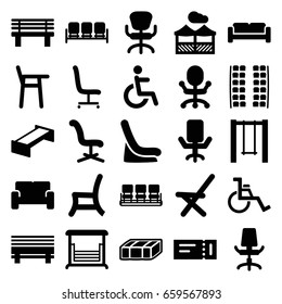 Seat icons set. set of 25 seat filled icons such as garden bench, sofa, ticket, plane seats, baby seat in car, chair, office chair, bench, swing, disabled