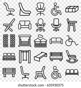 Seat icons set. set of 25 seat outline icons such as sofa, disabled, plane seats, garden bench, baby seat in car, chair, office chair, bench, swing