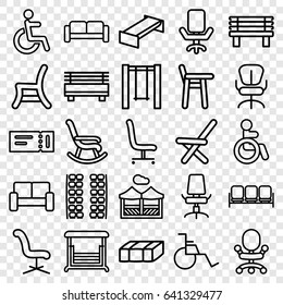 Seat icons set. set of 25 seat outline icons such as sofa, ticket, disabled, plane seats, garden bench, office chair, bench, swing, outdoor chair