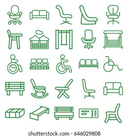 Seat icons set. set of 25 seat outline icons such as sofa, ticket, disabled, garden bench, baby seat in car, chair, office chair, bench, swing