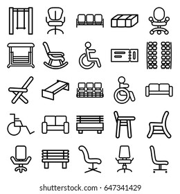 Seat icons set. set of 25 seat outline icons such as sofa, ticket, disabled, plane seats, garden bench, chair, office chair, bench