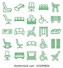 Seat icons set. set of 25 seat outline icons such as sofa, ticket, disabled, plane seats, garden bench, baby seat in car, chair, office chair, bench, swing