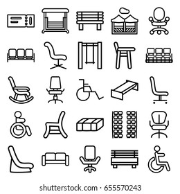 Seat icons set. set of 25 seat outline icons such as sofa, ticket, disabled, plane seats, garden bench, baby seat in car, chair, office chair, bench, swing