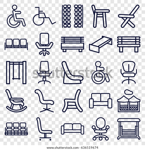 Seat icons set. set of 25 seat outline icons\
such as sofa, disabled, plane seats, garden bench, baby seat in\
car, chair, office chair, bench,\
swing