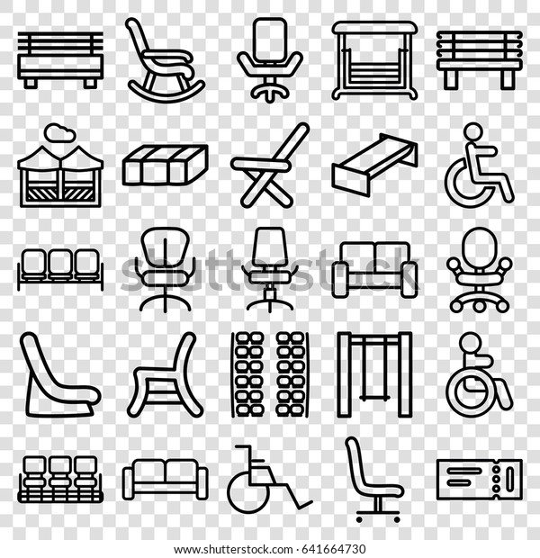 Seat icons set. set of 25 seat\
outline icons such as sofa, ticket, disabled, plane seats, garden\
bench, baby seat in car, chair, office chair, bench,\
swing