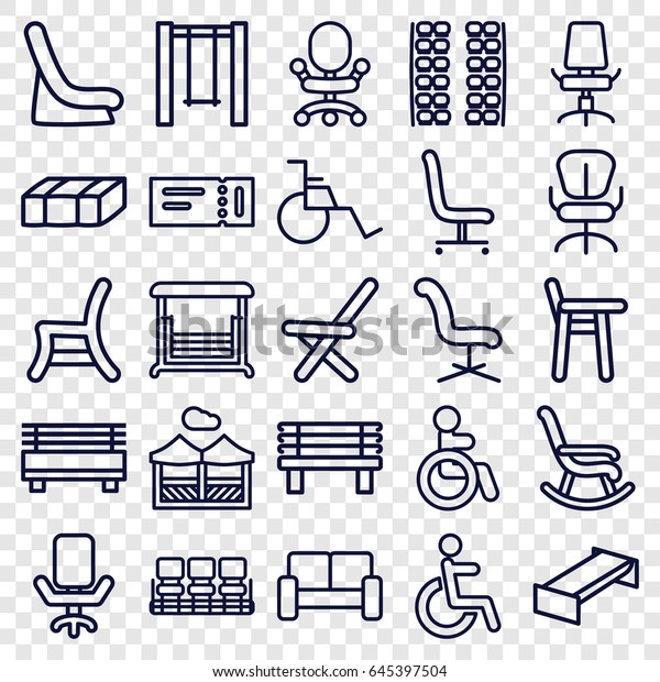 Seat icons set. set of 25 seat outline\
icons such as ticket, disabled, plane seats, garden bench, baby\
seat in car, chair, office chair, bench, swing,\
sofa