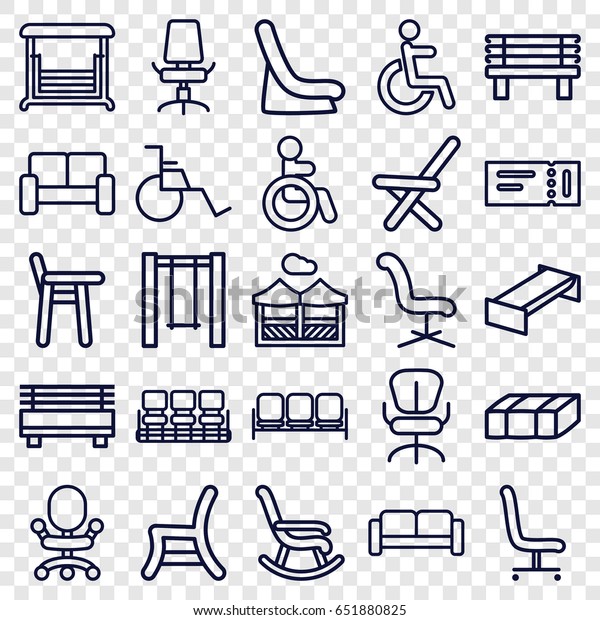 Seat icons set. set of 25 seat outline icons\
such as sofa, ticket, disabled, garden bench, baby seat in car,\
chair, office chair, bench,\
swing
