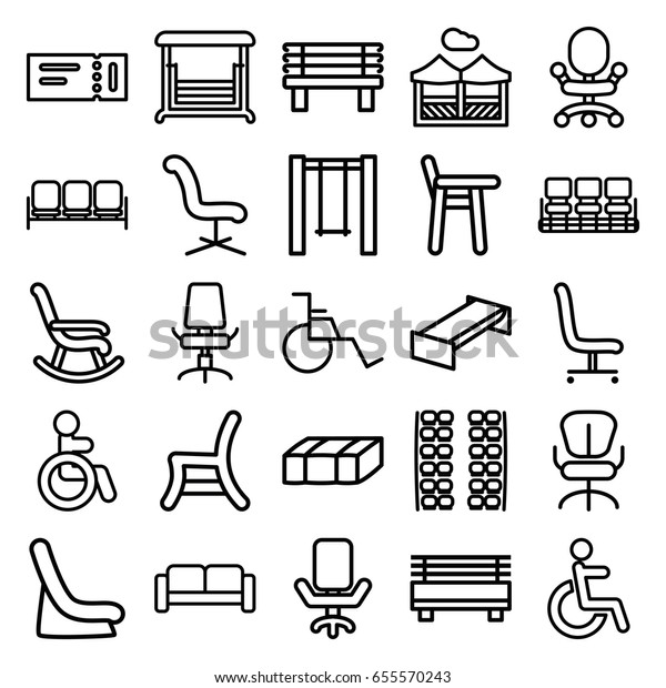 Seat icons set. set of 25 seat\
outline icons such as sofa, ticket, disabled, plane seats, garden\
bench, baby seat in car, chair, office chair, bench,\
swing