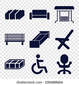 Seat icons. set of 9 editable filled seat icons such as garden bench, office chair, outdoor chair, disabled, sofa, bench