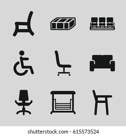 Seat icons set. set of 9 seat filled icons such as garden bench, chair, swing, outdoor chair, disabled