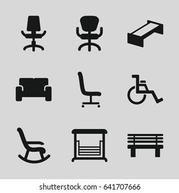 Seat icons set. set of 9 seat filled icons such as garden bench, office chair, bench, swing, wheel chair, sofa